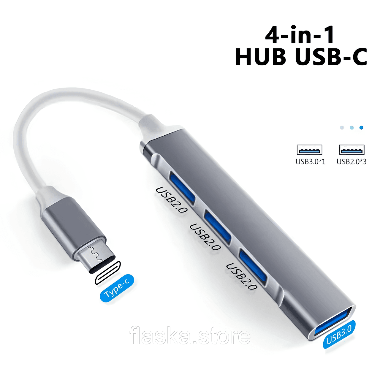 Розгалужувач USB Type-C на 4-порти (USB 3.0 + USB 2.0), сірий