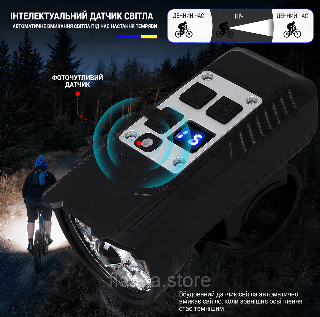 Велосипедний ліхтар (велофара) 9 LED з дисплеєм та сенсором світла